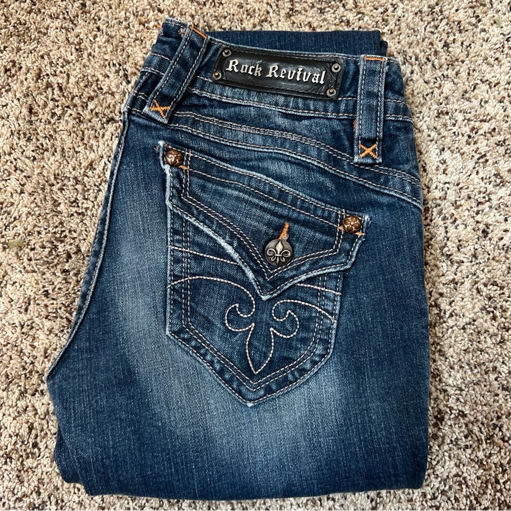 Rock Revival Gwen Boot Jeans Denim Women’s Size 29 Blue Distressed Flap Pocket